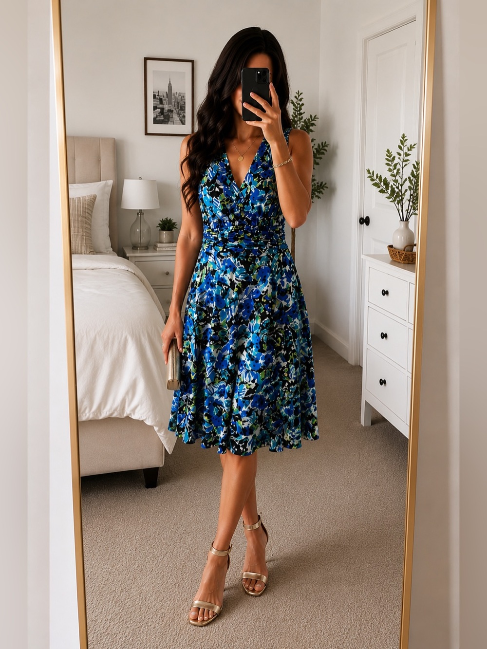 Evan Picone Women’s Size 16 Blue Floral Ruched Sheath Dress Sleeveless Midi Cute